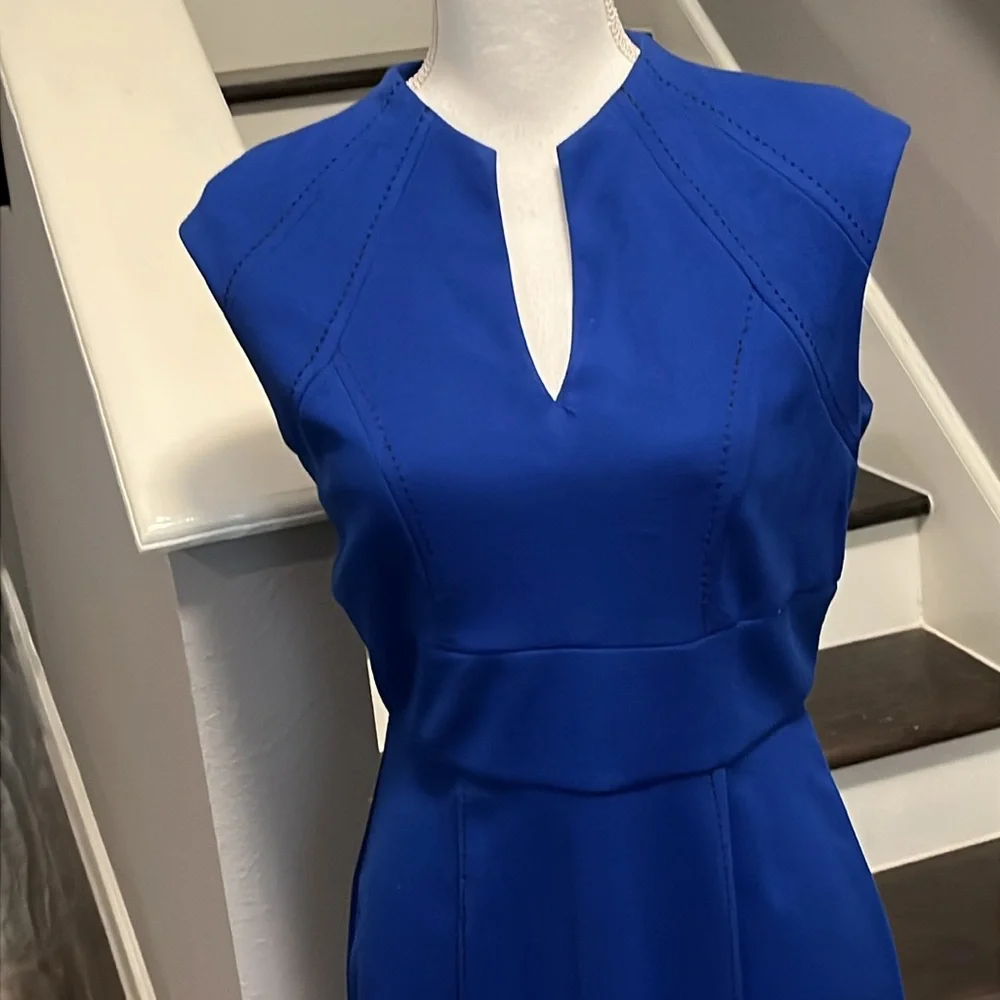 Sangria Royal Blue Sheath Dress V-neck Sleeveless 10P Top Stitching Details. - Picture 3 of 16